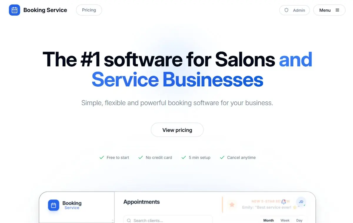 Screenshot of the Booking Service homepage