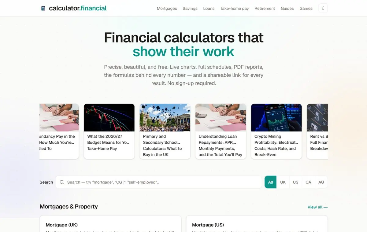 Screenshot of the calculator.financial homepage